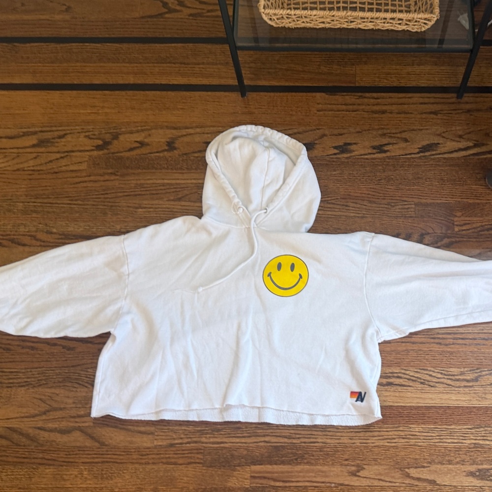 Aviator nation XS White Hoodie with Yellow Smiley Graphic